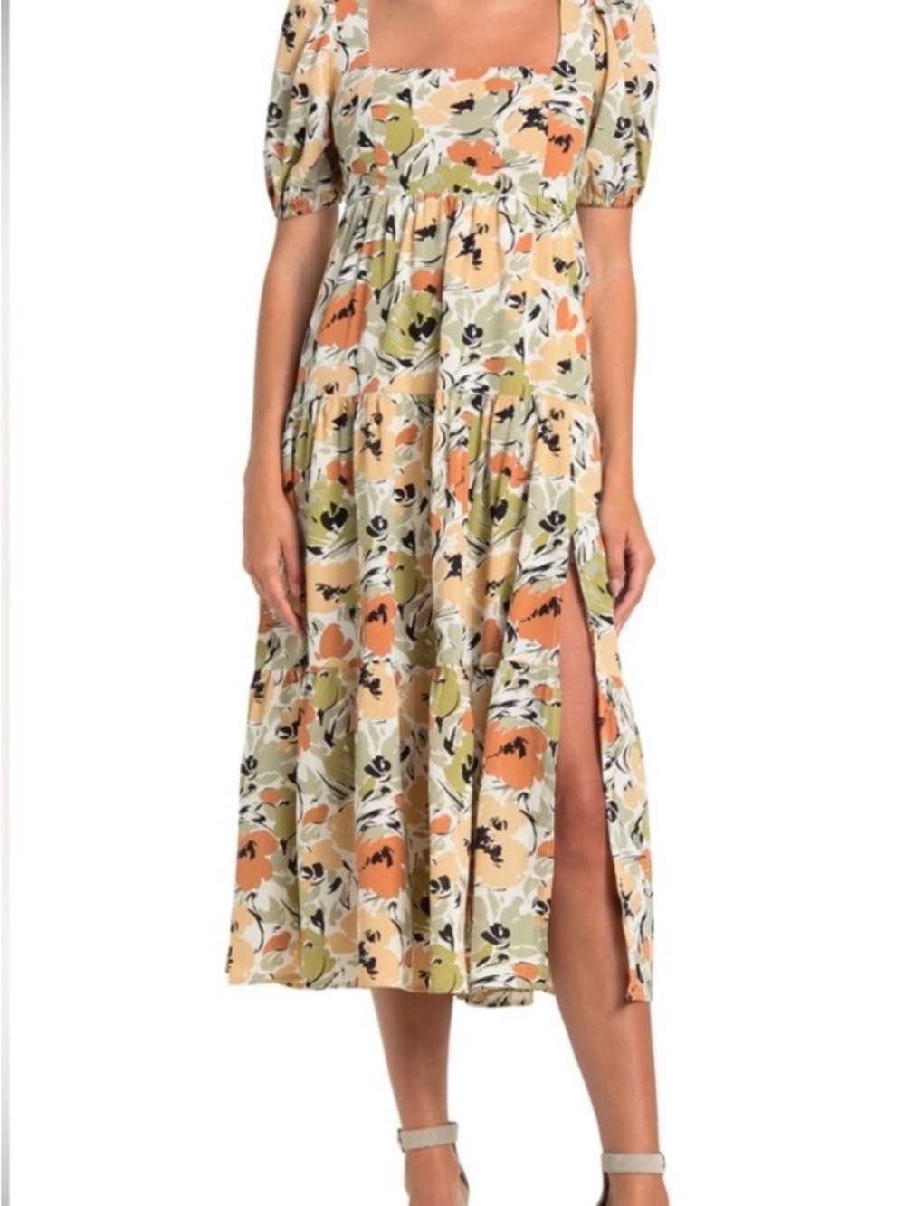 Astr Peach & Olive Floral Square-Neck Midi Dress